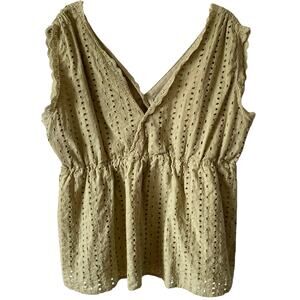 NO BRAND Sage Green Eyelet Sleeveless V Neck Top Size 2X Cotton Elastic Waist